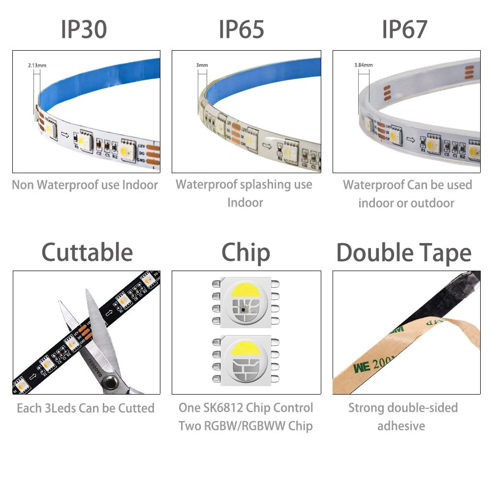 SK6812 DC12V RGBW RGBWW 5050SMD Led Strip Light One IC Drive 3Leds  4 IN 1 Smart Light
