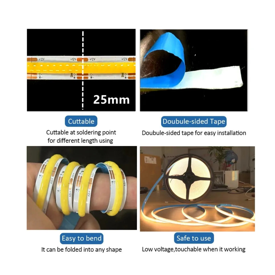 FCOB CCT LED Light Strip 608 LEDs High Density Flexible FOB COB