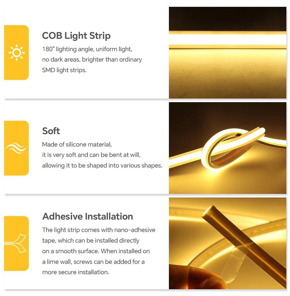 1-30M Flexible Solid Silicone COB LED Strip 220V for Home Ambience Decor
