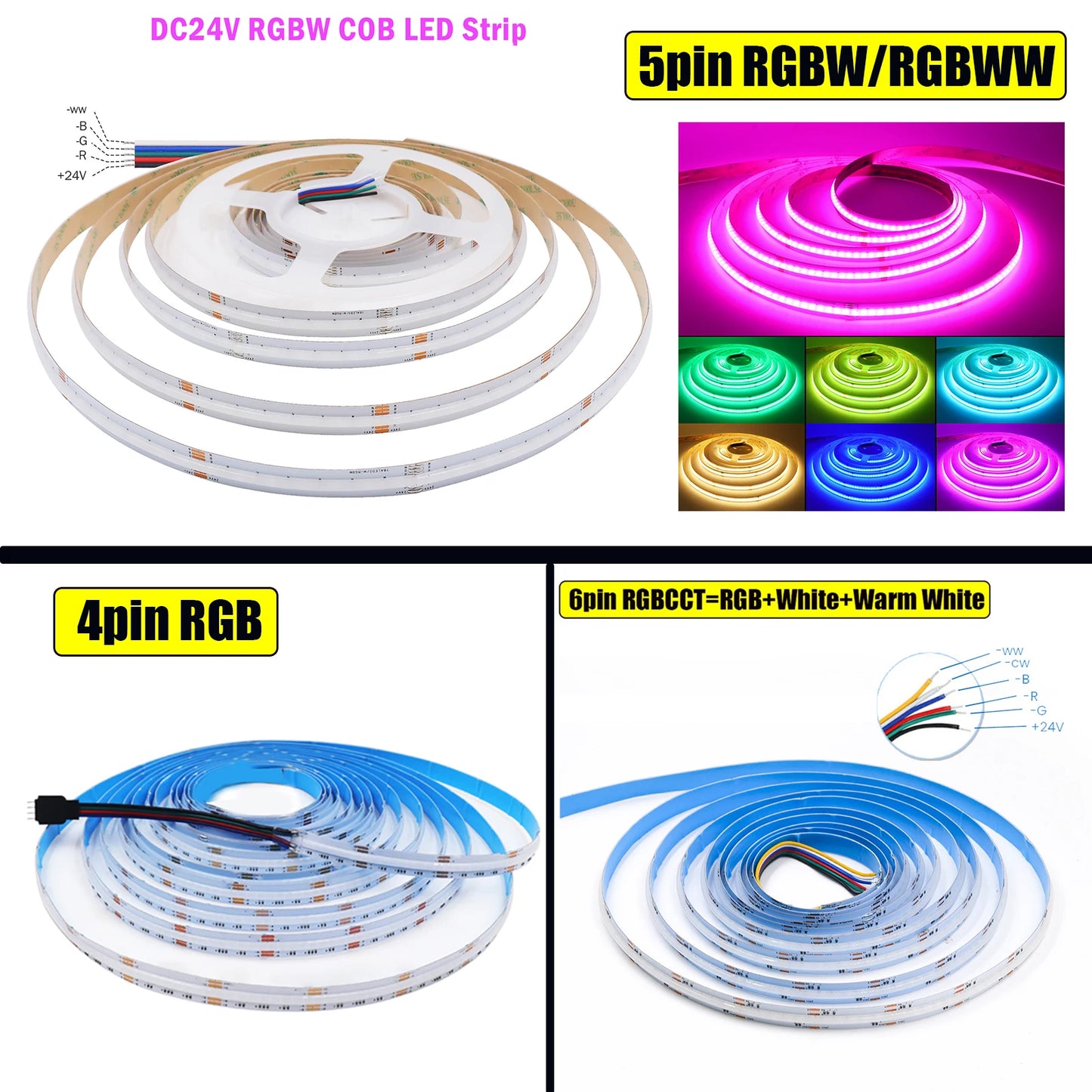DC 12V 24V COB LED Strip RGBCCT High Bright Led Tape Diode