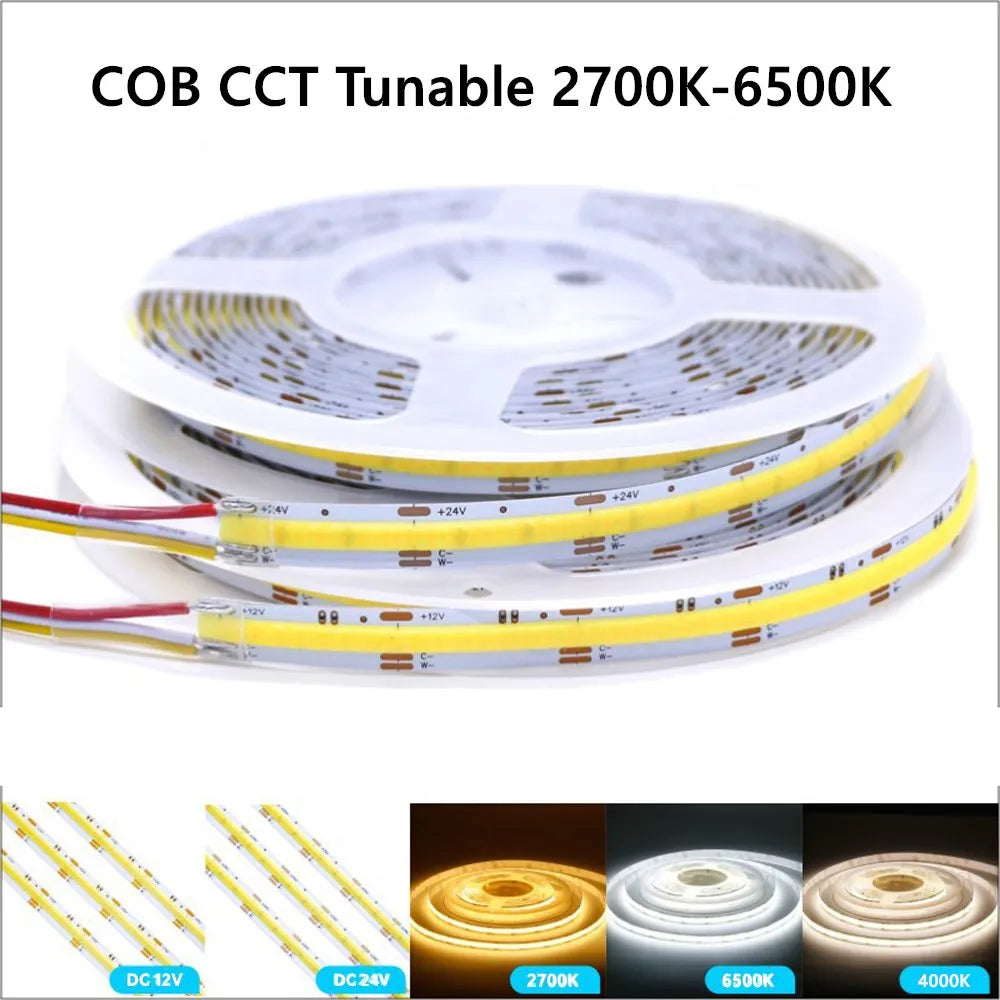 DC CCT COB LED 12V 24V Strip Light RA90 Dimmable 2700K To 6500K