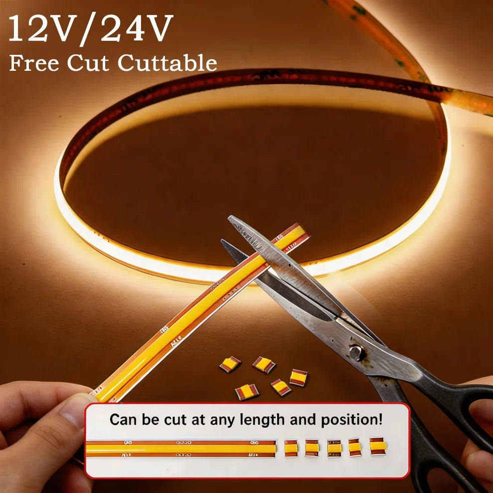 DC 12V/24V 8MM COB LED Strip Free Cut Cuttable 400LEDs