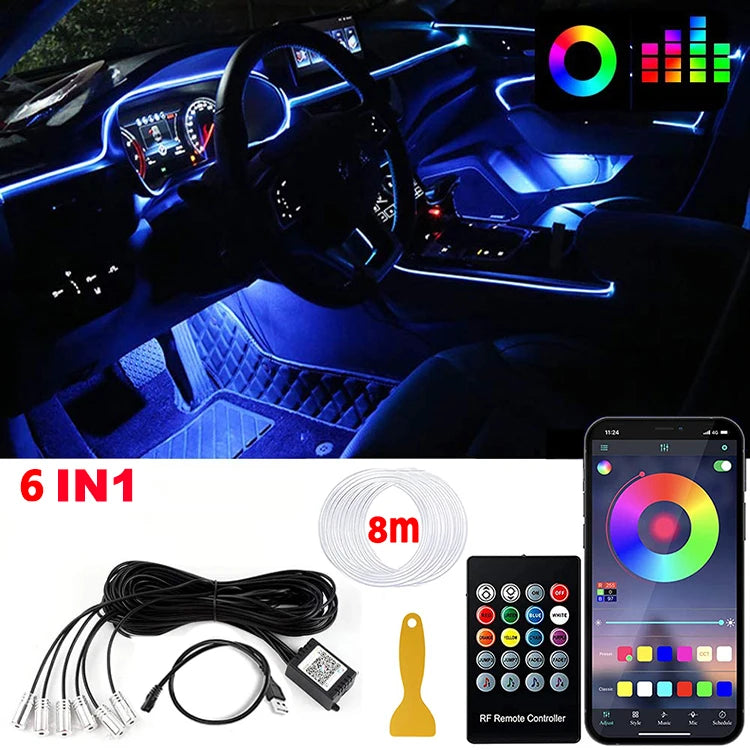 LED Car Interior Ambient Strip Lights RGB Fiber Optic Atmosphere
