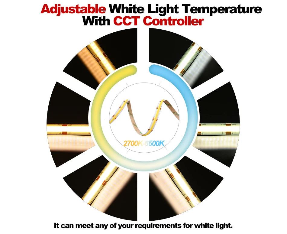 COB CCT LED Strip Lights 608 LEDs/m High Density Flexible Dimmable