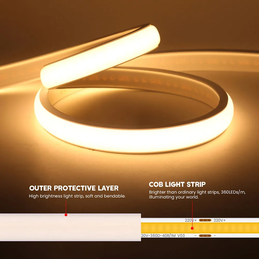 Dimmable COB LED Neon Strip Light 220V Dimmer Switch Power Kit