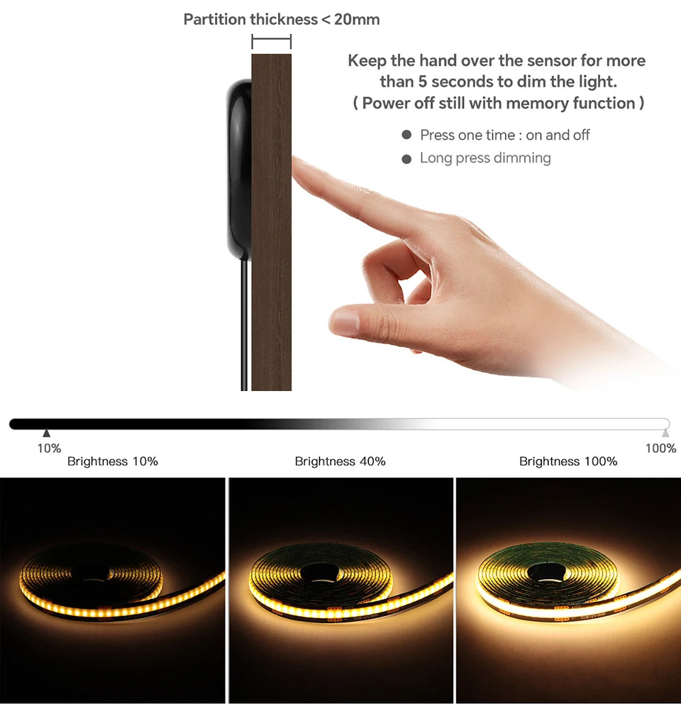 Touch Dimmable Black PCB LED Strip Light COB Tape