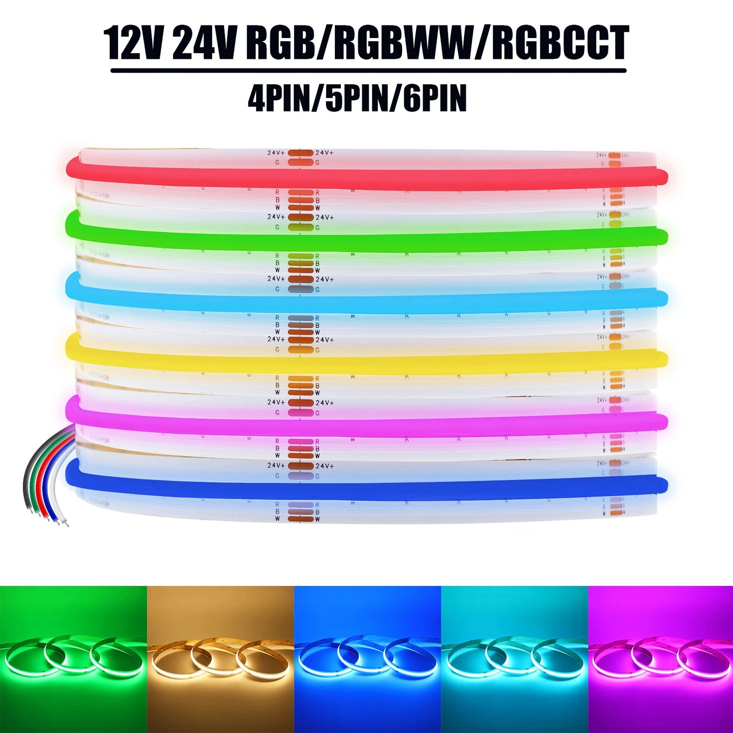 DC 12V 24V COB LED Strip RGBCCT High Bright Led Tape Diode