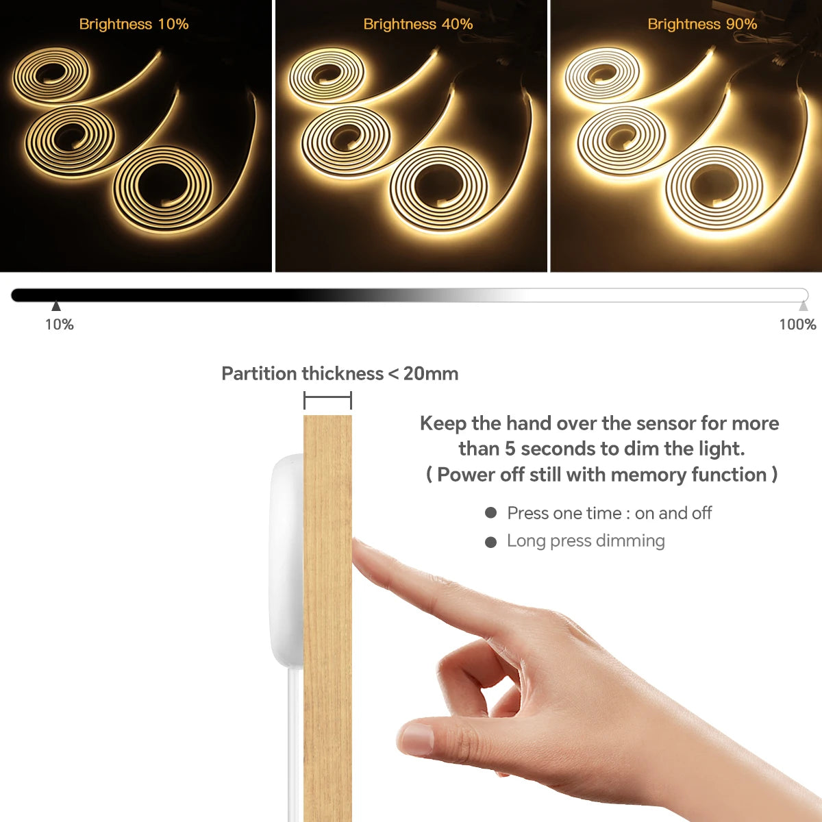 Neon Cob LED Strip Lights with Penetrable Wood Hand Sweep Touch