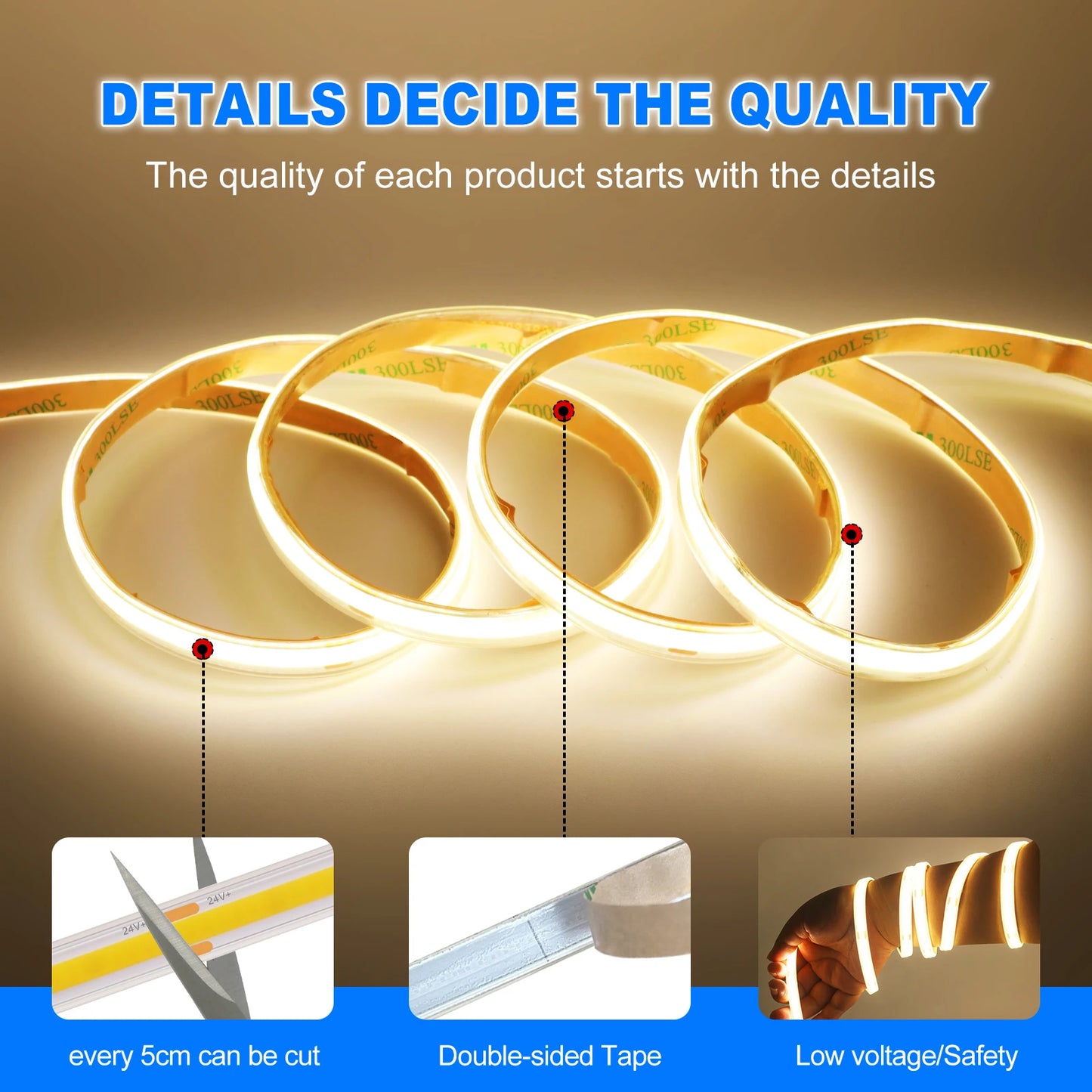 IP68 Waterproof COB LED Strip Lights 12V 24V 480Leds Diode Tape