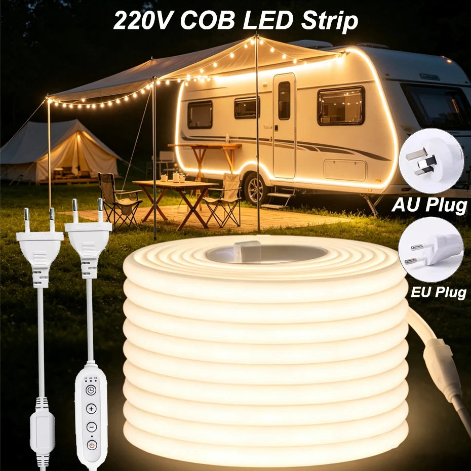 220V COB LED Strip Light with EU AU Switch/Dimmer Plug Super Bright