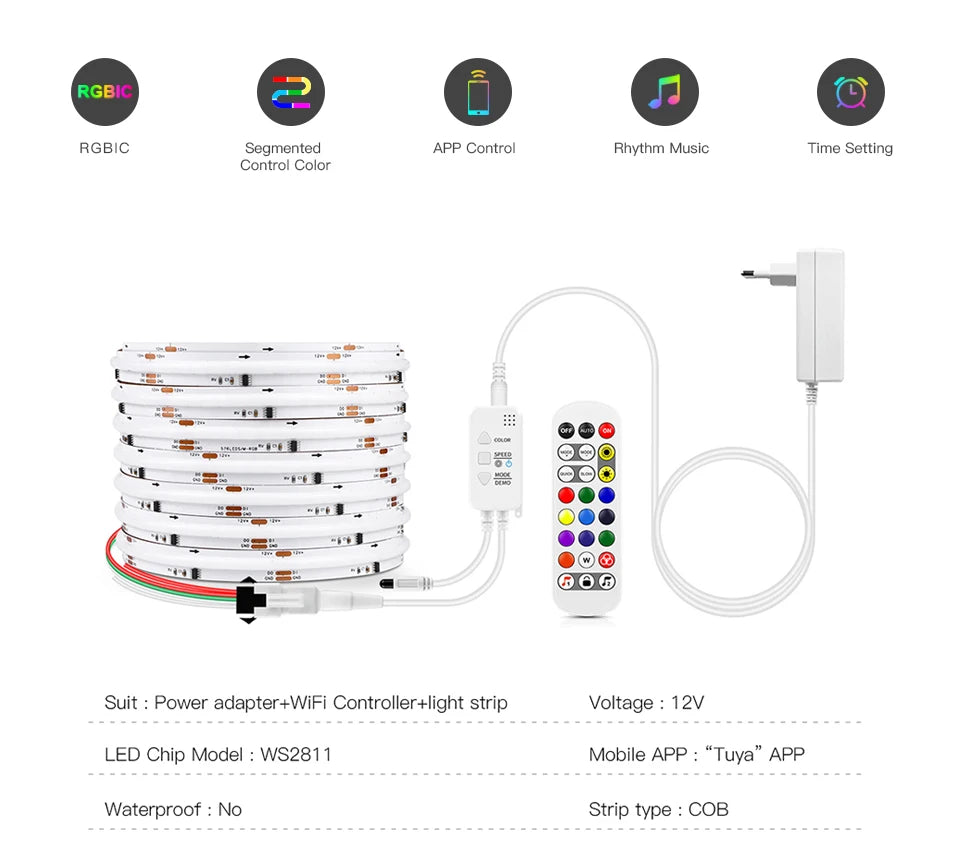 Tuya Smart WIFI RGBIC COB LED Strip Light Tape Addressable