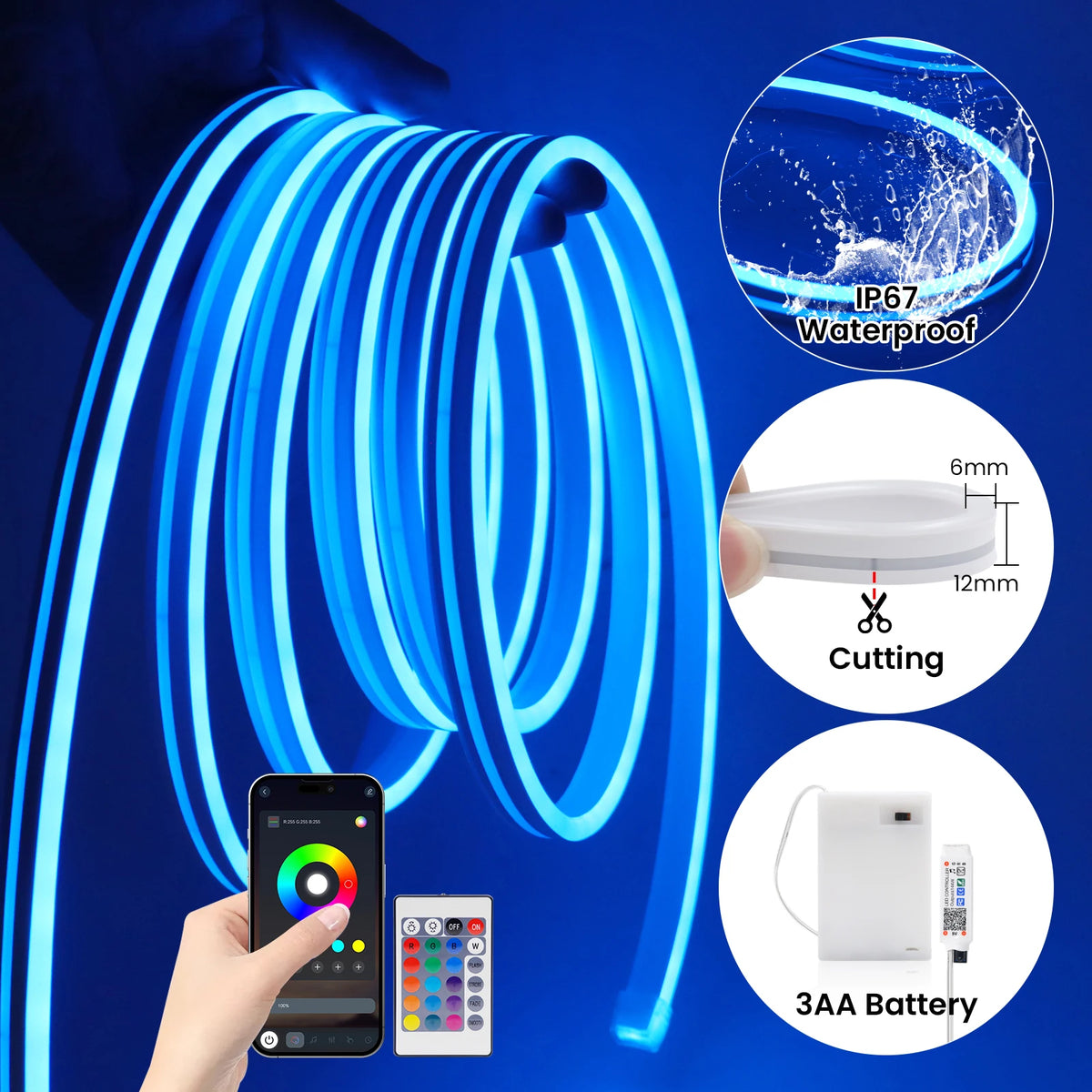 3AA Battery Powered 5V RGB Color-changing LED Neon Strip Light