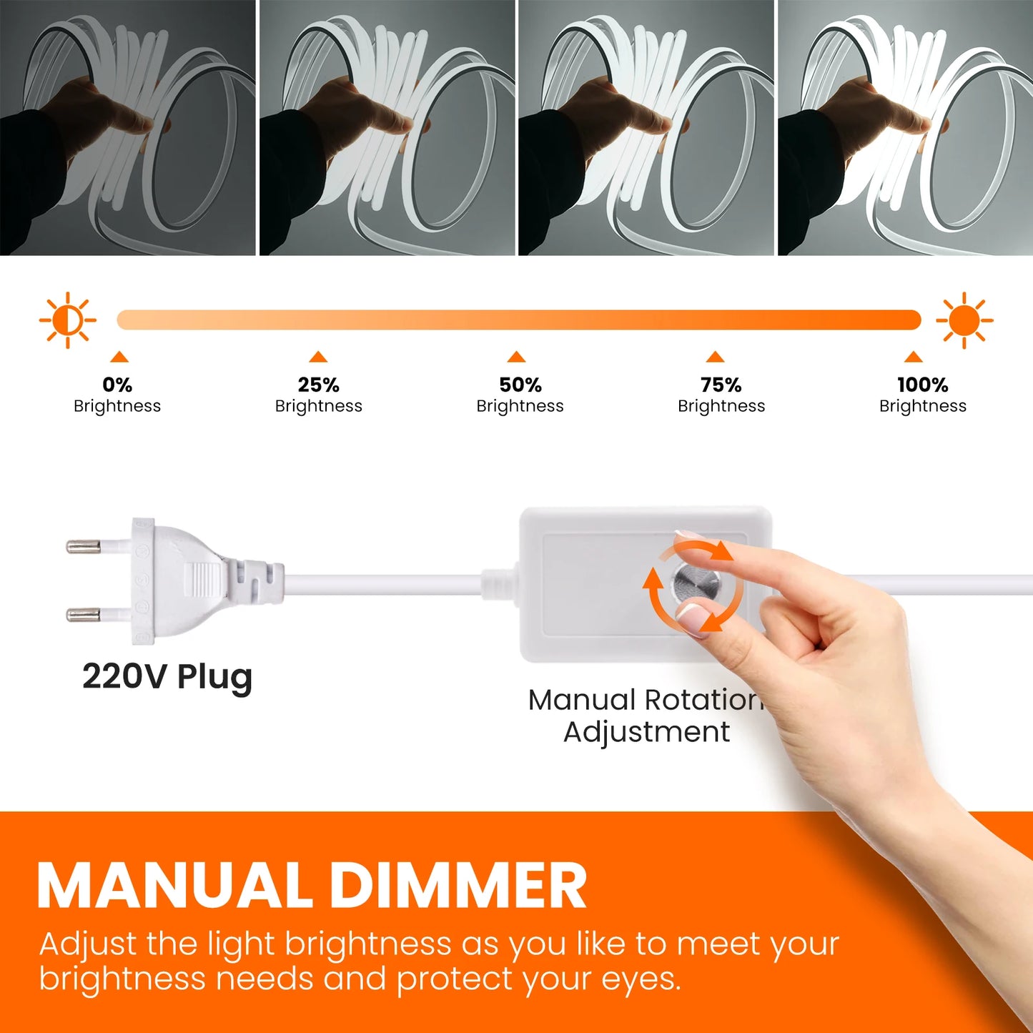 AC 220V Waterproof COB LED Strip Light With EU Switch Plug