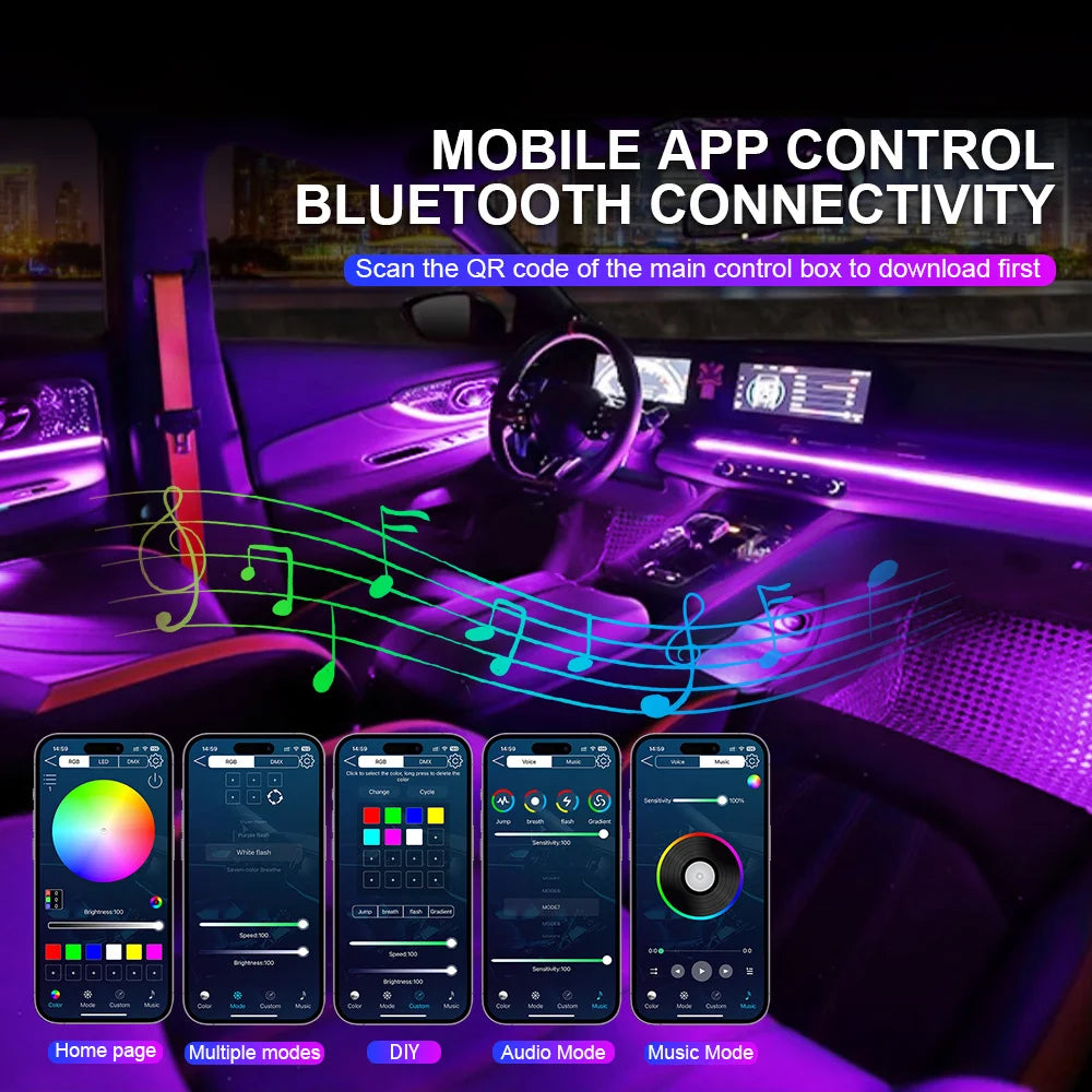 Led Car Ambient Lights App Control Optic Strip Acrylic Fiber