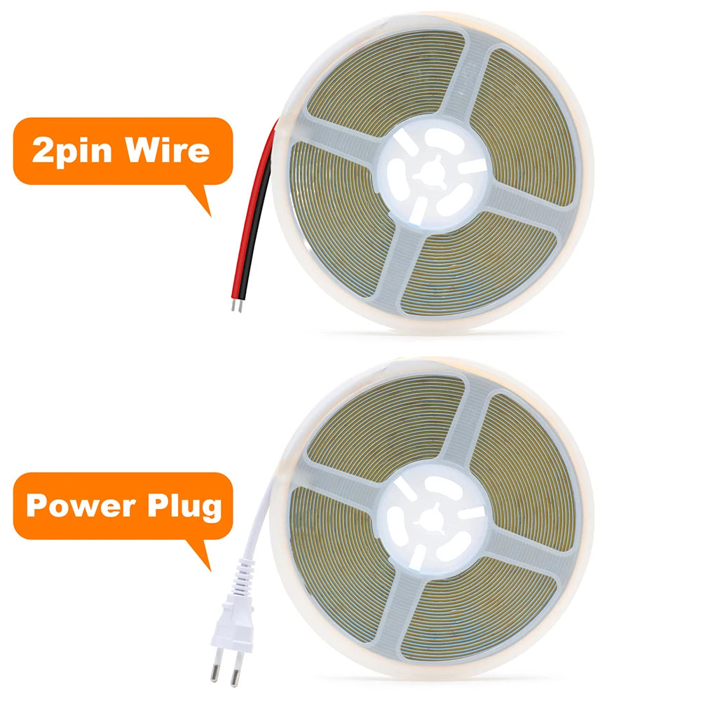 220V 110V COB LED 5m 10m 20m 50m Strip Light 2pin Power Kit