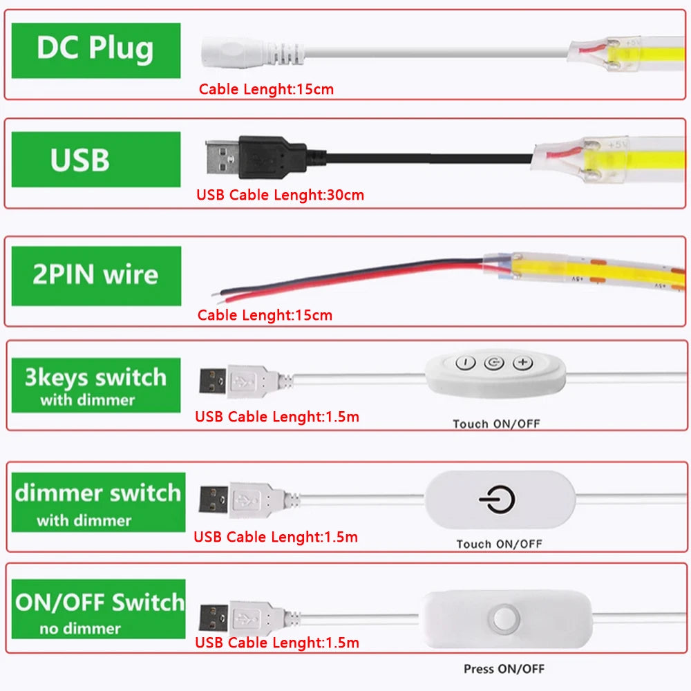 5V USB COB LED Strip Light 3Keys Touch Dimmable ON/OFF Switch