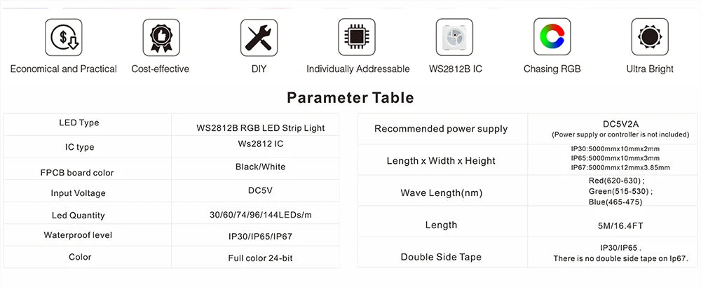 5050 RGB LED Strip Addressable DC 5V 3pin WS2812B