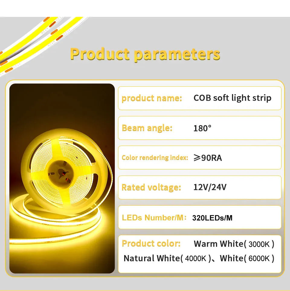 24V 12V COB LED Strip Light 8mm 320LEDs/M High Density