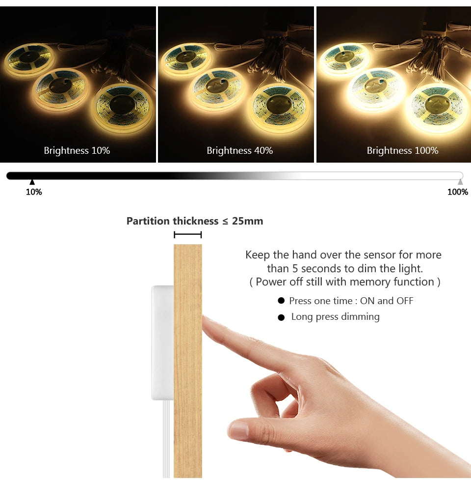 Smart Penetrable Wood COB LED Strip Touch Sensor Light