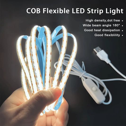 Flexible COB LED Lights Strip with Button Switch USB High Brightness