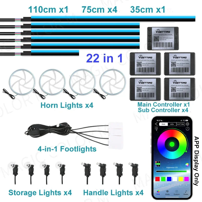 22 In 1 Car Ambient Lights RGB 64 Color Universal LED Strip