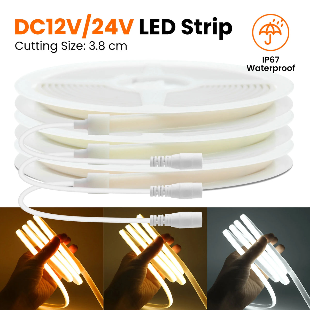 12V 24V COB LED Tape Flexible DC Plug/2Pin Wire Strip Light