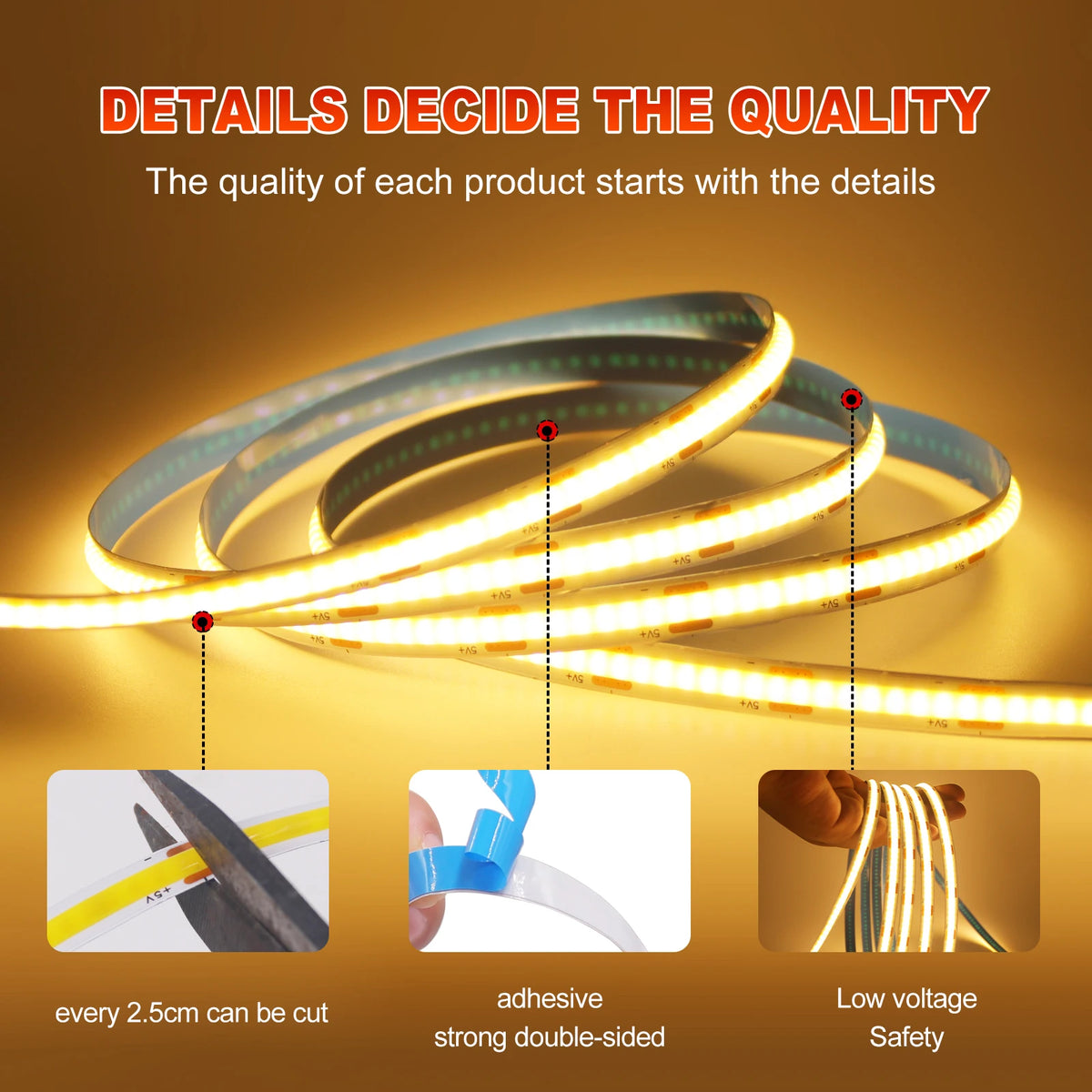 3AA Battery Power COB LED Strip Light 5V 320LEDs