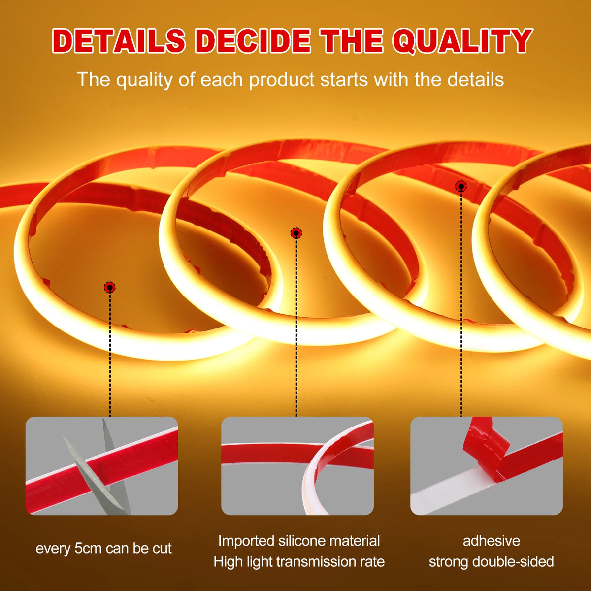 IP68 Waterproof COB LED Strip Light DC 12V 24V 320LEDs