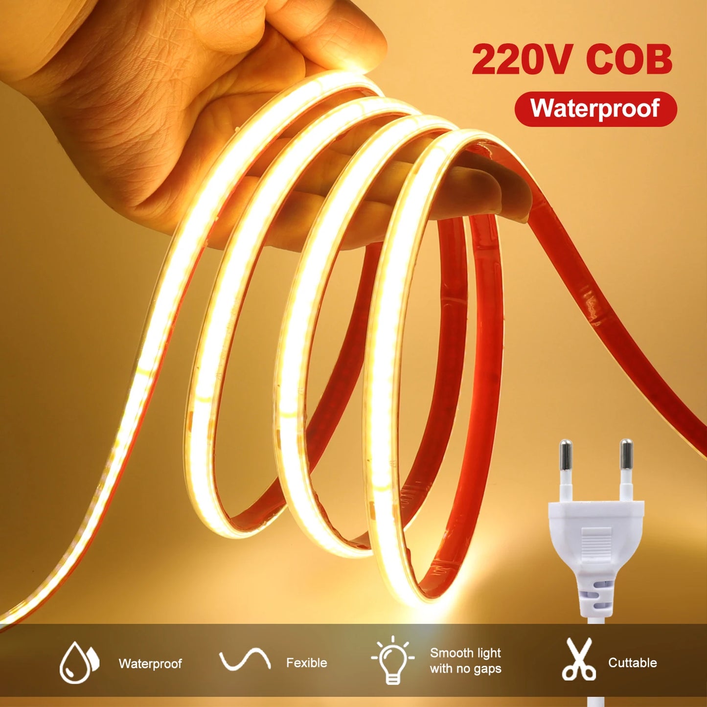 220V COB LED Strip IP65 Waterproof Flexible Tape Light