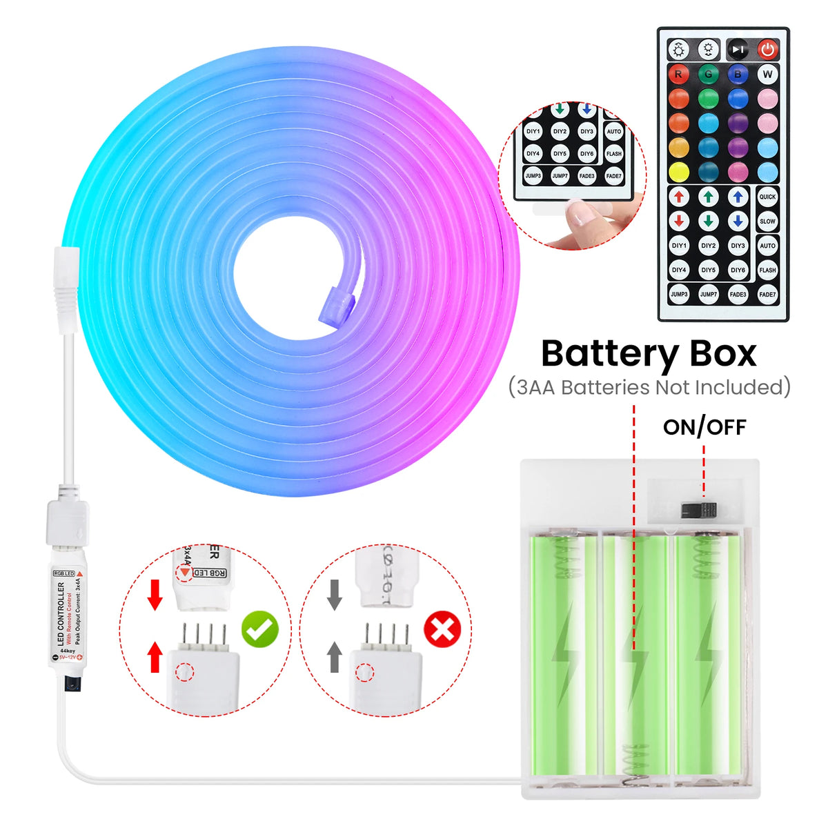 3AA Battery Powered 5V RGB Color-changing LED Neon Strip Light