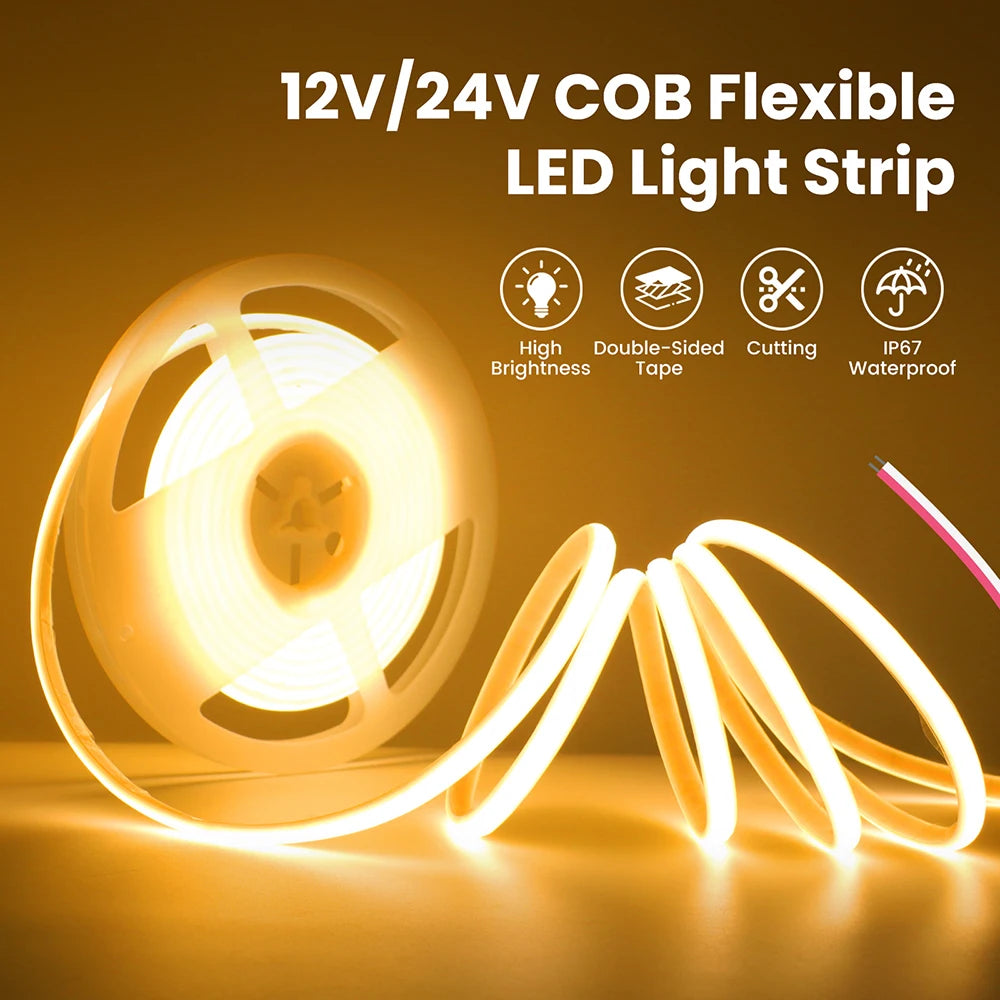 12V 24V COB LED Tape Flexible DC Plug/2Pin Wire Strip Light