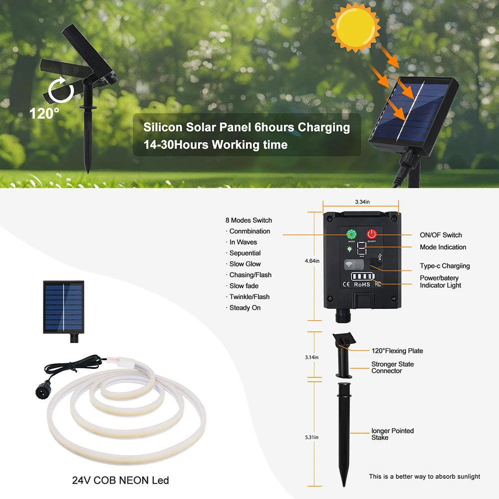 LED Neon Light Strip Solar 24V Waterproof 8 Modes 320LED