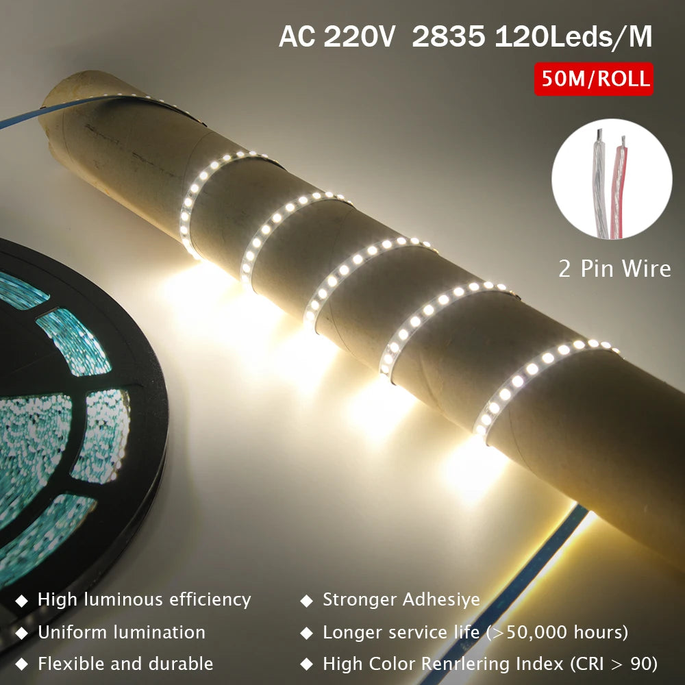 10m 20m 50m 220V 2835 LED Strip Light Flexible Led Tape Lights