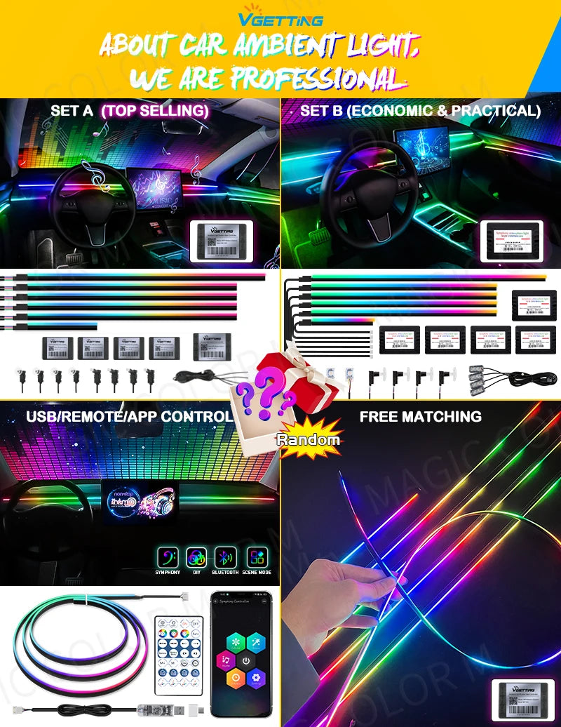 18 in 1 Car Ambient Light 64 Color Acrylic Strips App Control
