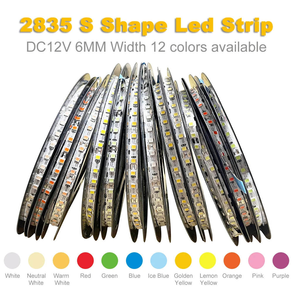 6mm Width DC12V 2835 S Shape LED Strip Flexible Foldable Tape Light