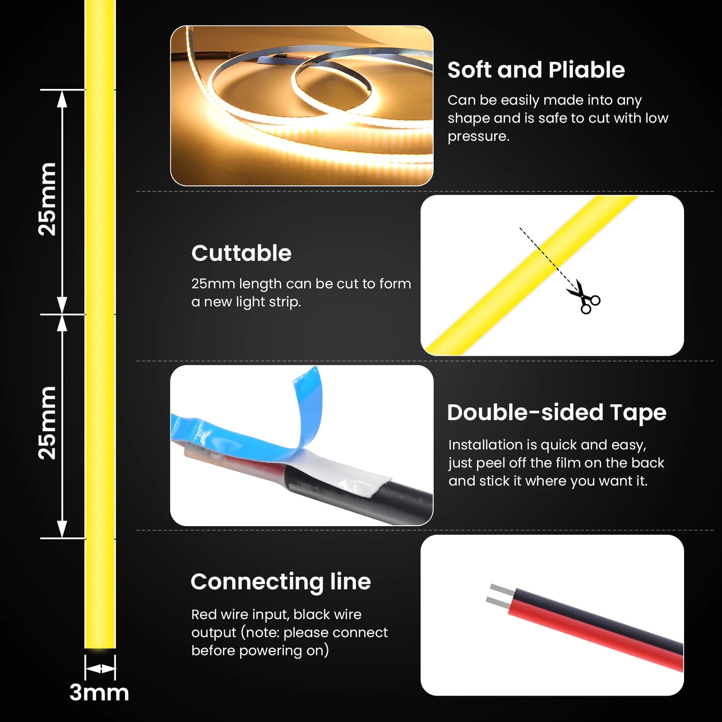 5V 12V 3MM 5MM 8MM FCOB LED Light Strips Bar Dimmable Tape