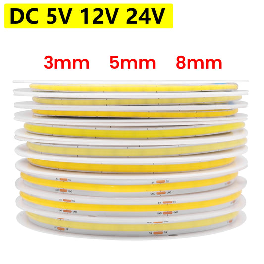 DC 5V 12V 24V COB LED Strip 320 384 480 528LEDs/m High Density