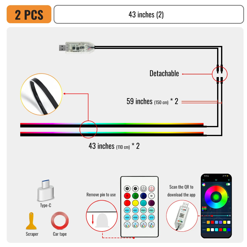 Streamer Car Ambient Lights RGB 64 Color Universal LED