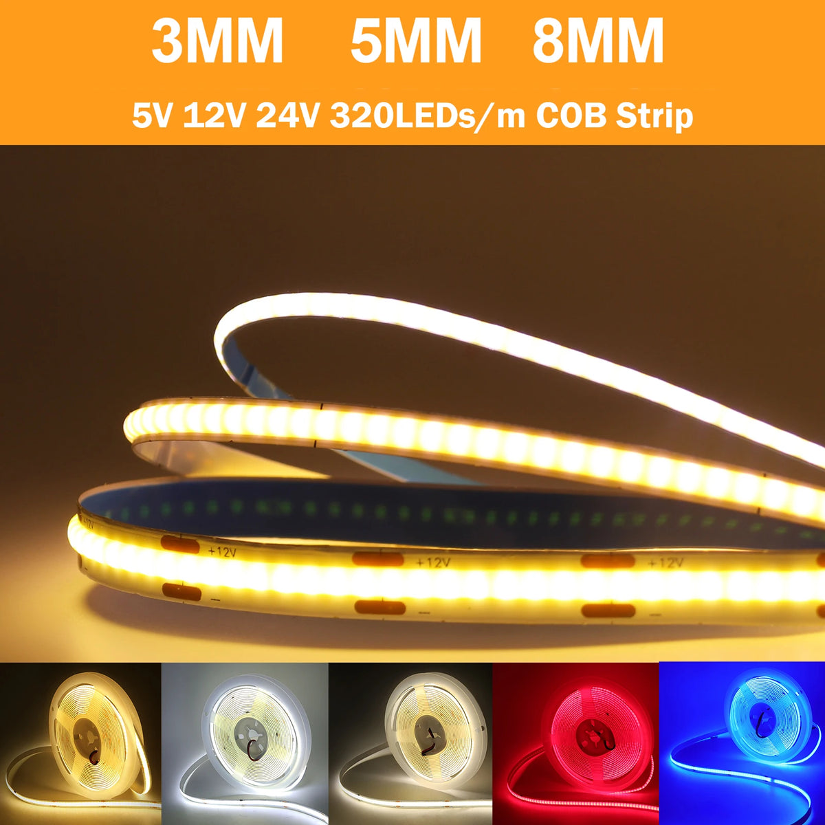 DC 5V 12V 24V COB LED Strip 3mm 5mm 8mm PCB High Density 320LEDs/m Flexible Tape