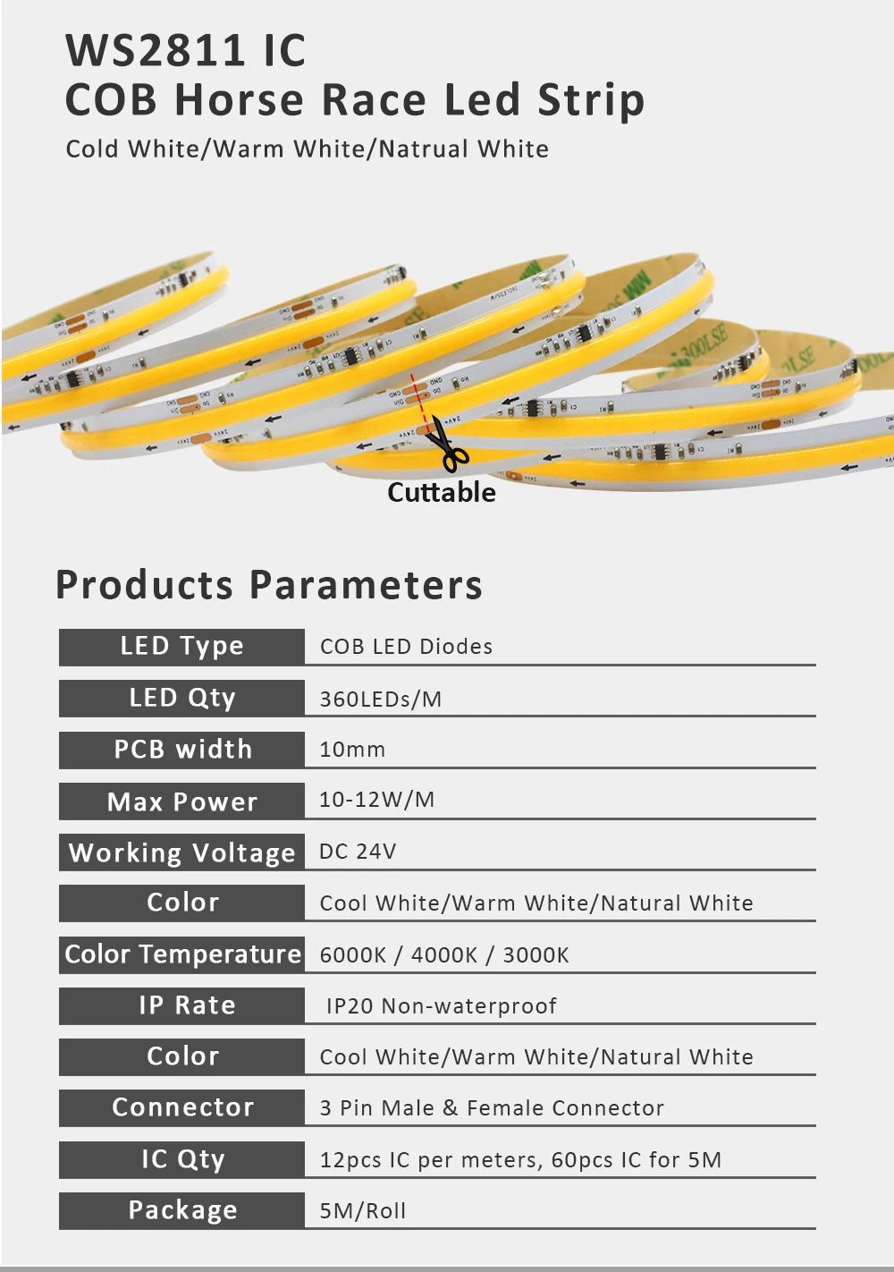 24V Horse Race Running Water Strip Light COB Flexible Ribbon