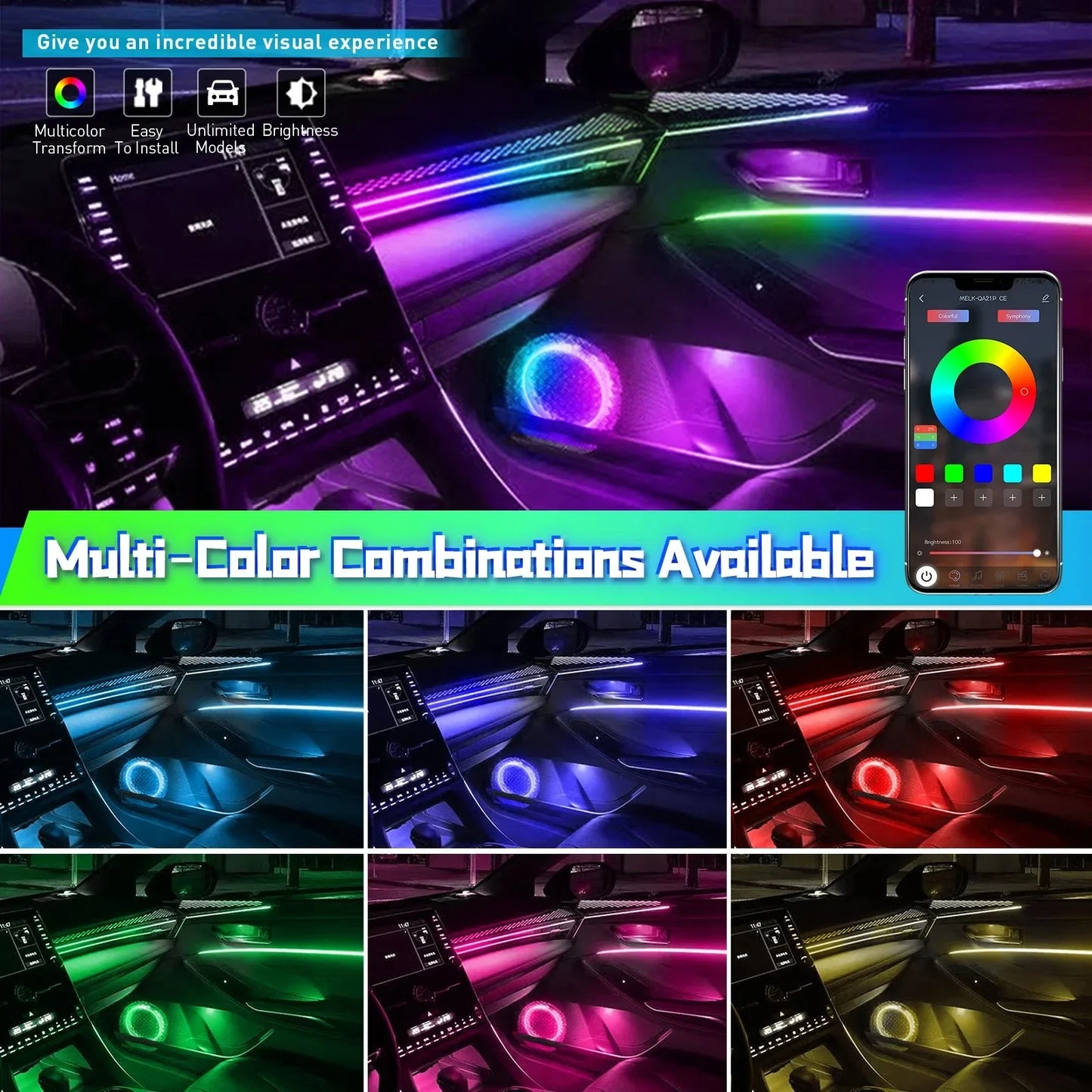 22 In 1 Car Ambient Lights RGB 64 Color Universal LED Strip