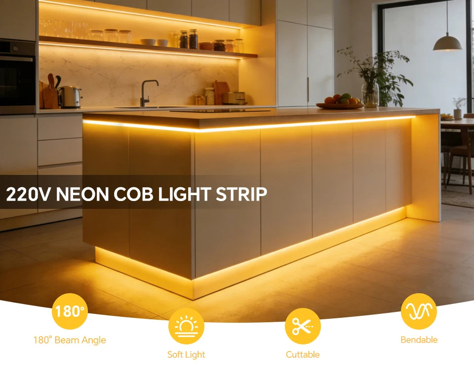 1-30M Flexible Solid Silicone COB LED Strip 220V for Home Ambience Decor