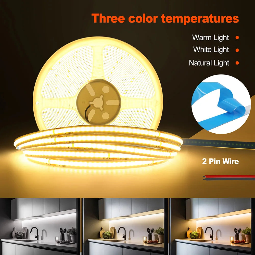 220V 110V COB LED 5m 10m 20m 50m Strip Light 2pin Power Kit