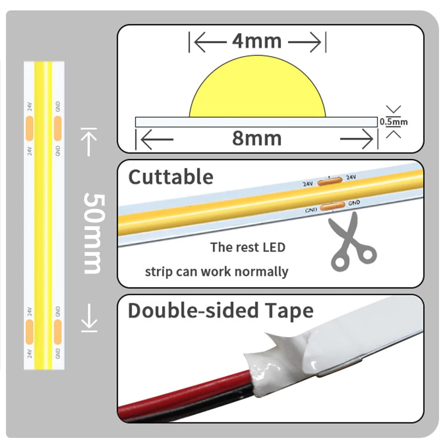 24V 12V COB LED Strip Light 8mm 320LEDs/M High Density