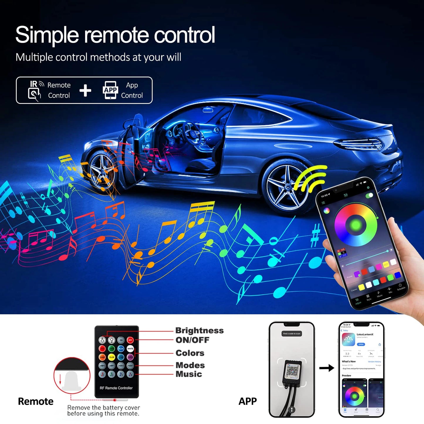LED Car Interior Ambient Strip Lights RGB Fiber Optic Atmosphere