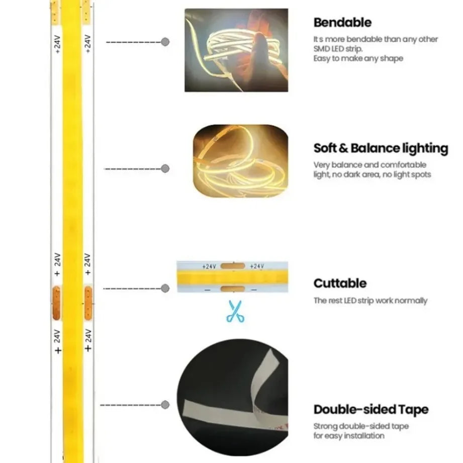 COB LED Strip Ultra Thin 12V 24V 8MM Tape Light