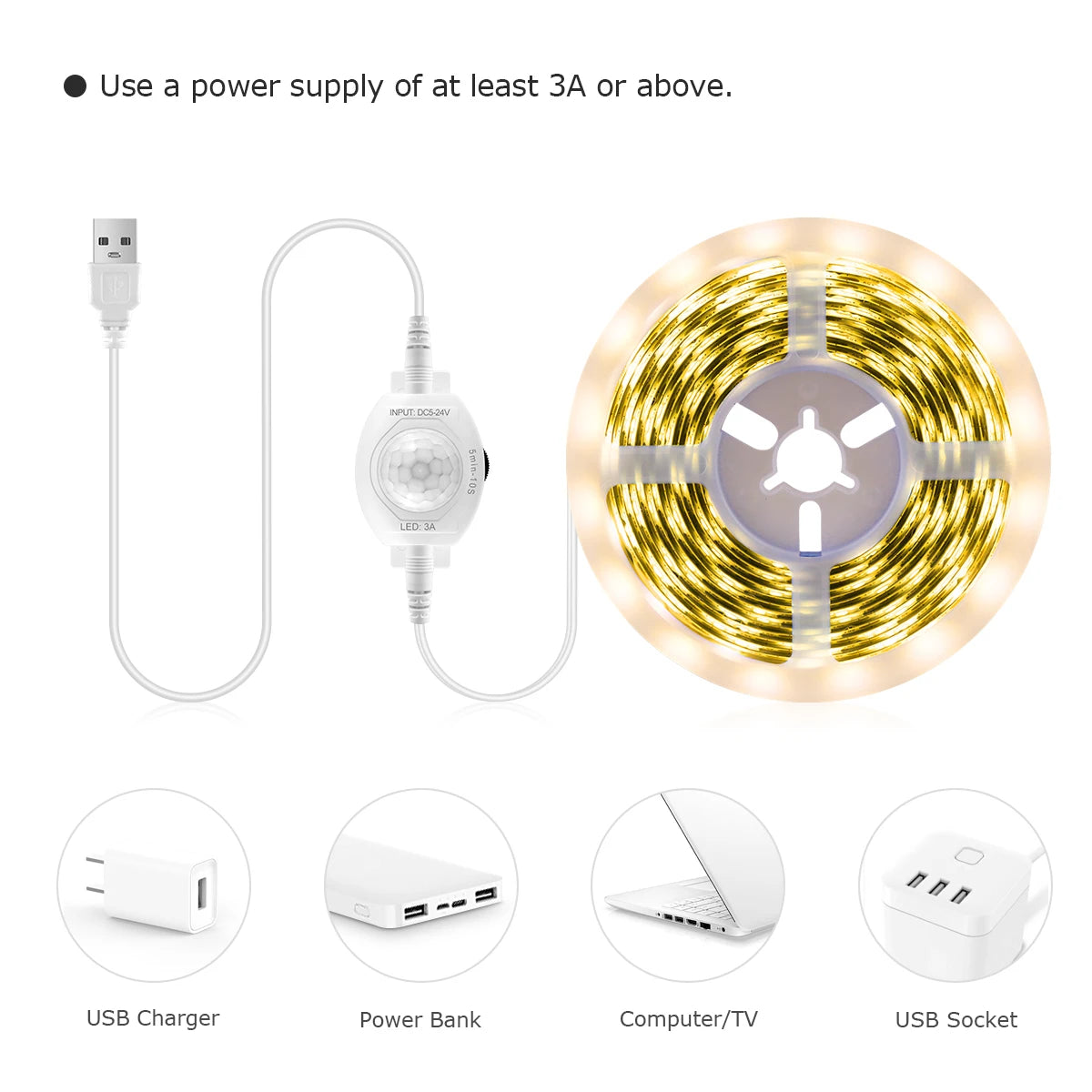 Wireless PIR Motion Sensor 5V USB LED Strip Light Flexible LED Tape