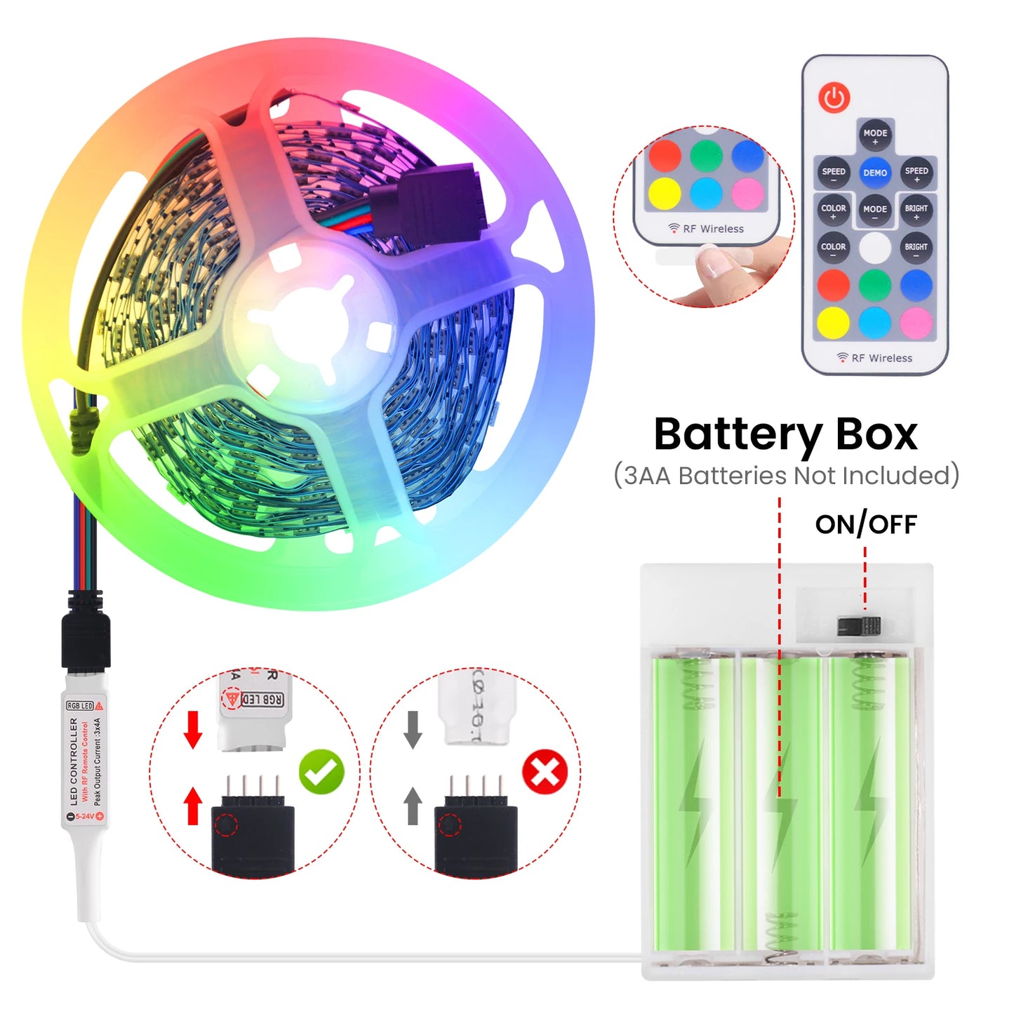 3AA Battery Power RGB Led Strip Light 5V 5050 with 3/17/24 Key