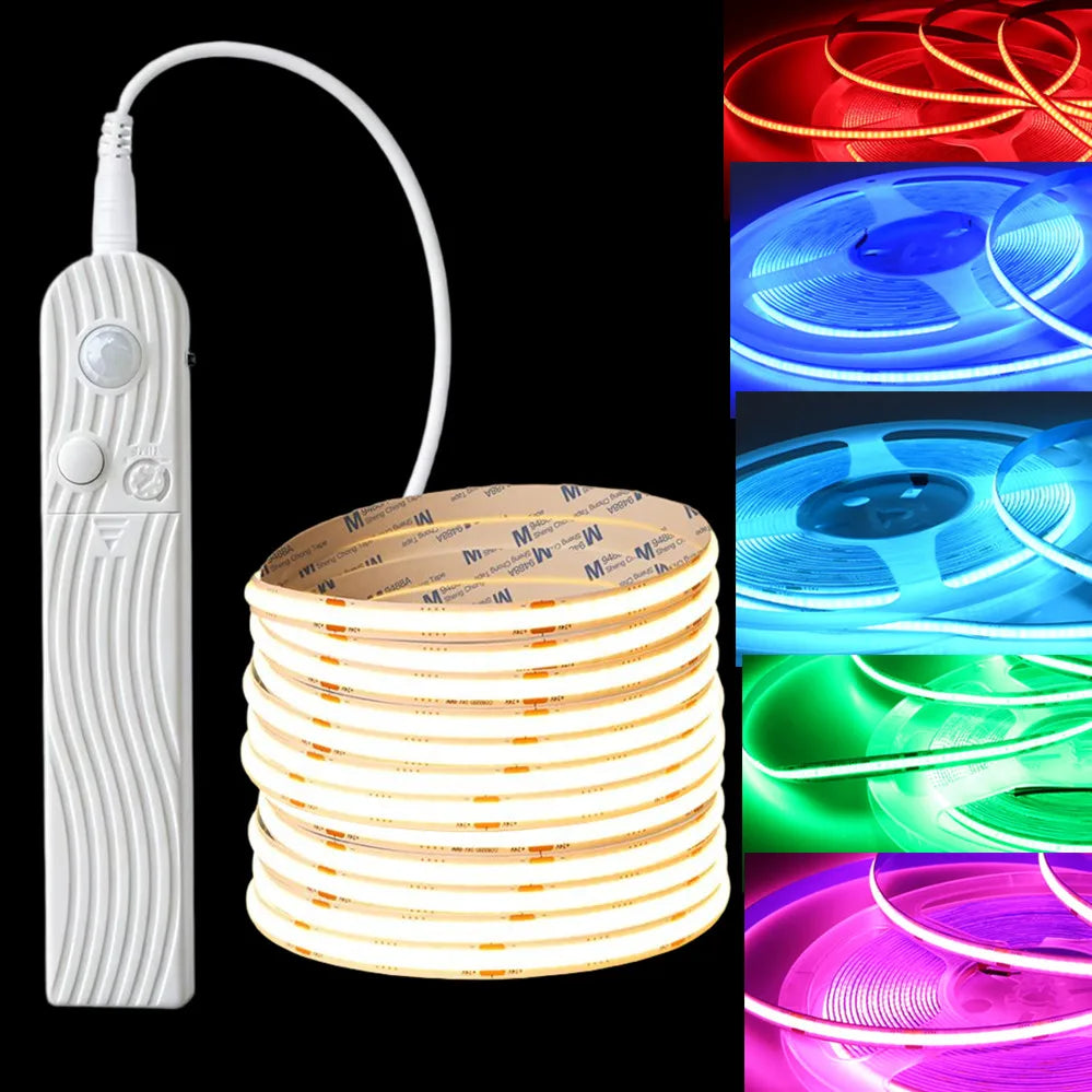8MM COB Led Strip 5V With Motion Sensor Flexible LED Tape Battery PowereD