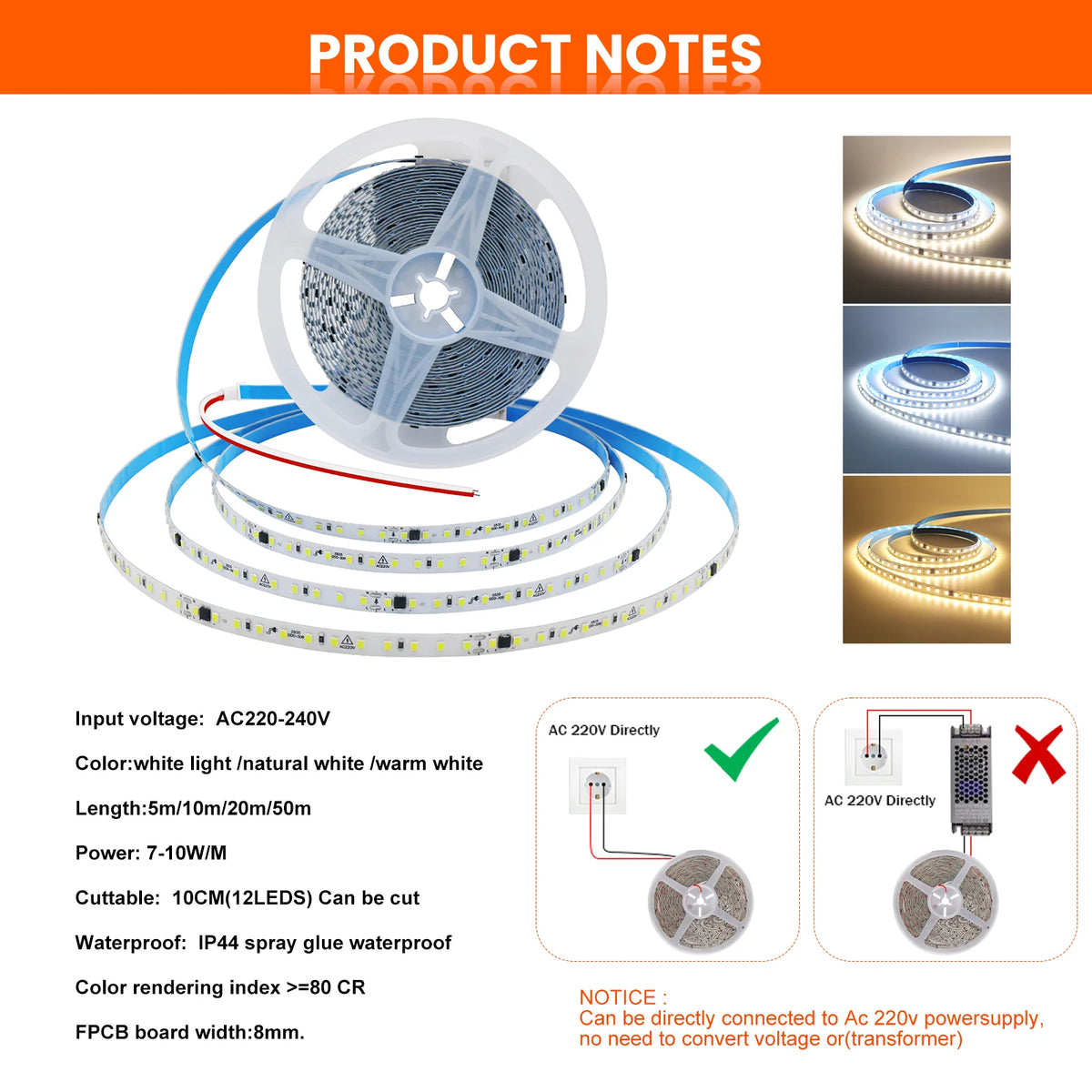 10m 20m 50m 220V 2835 LED Strip Light Flexible Led Tape Lights